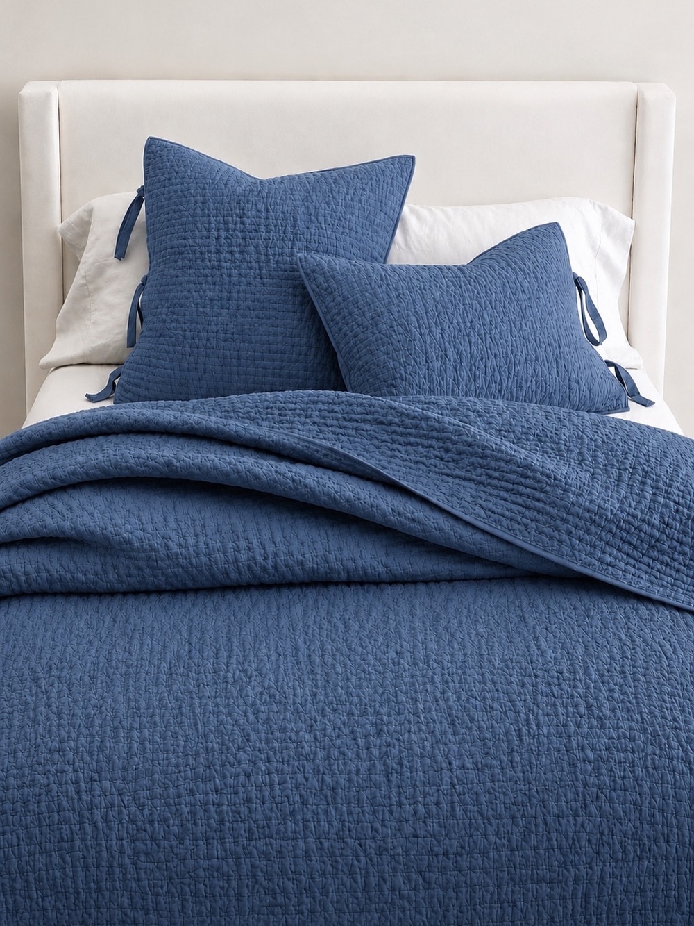 Pottery Barn Blue Pick-Stitch Cotton Linen Twin Quilt & 26” Euro Sham Set